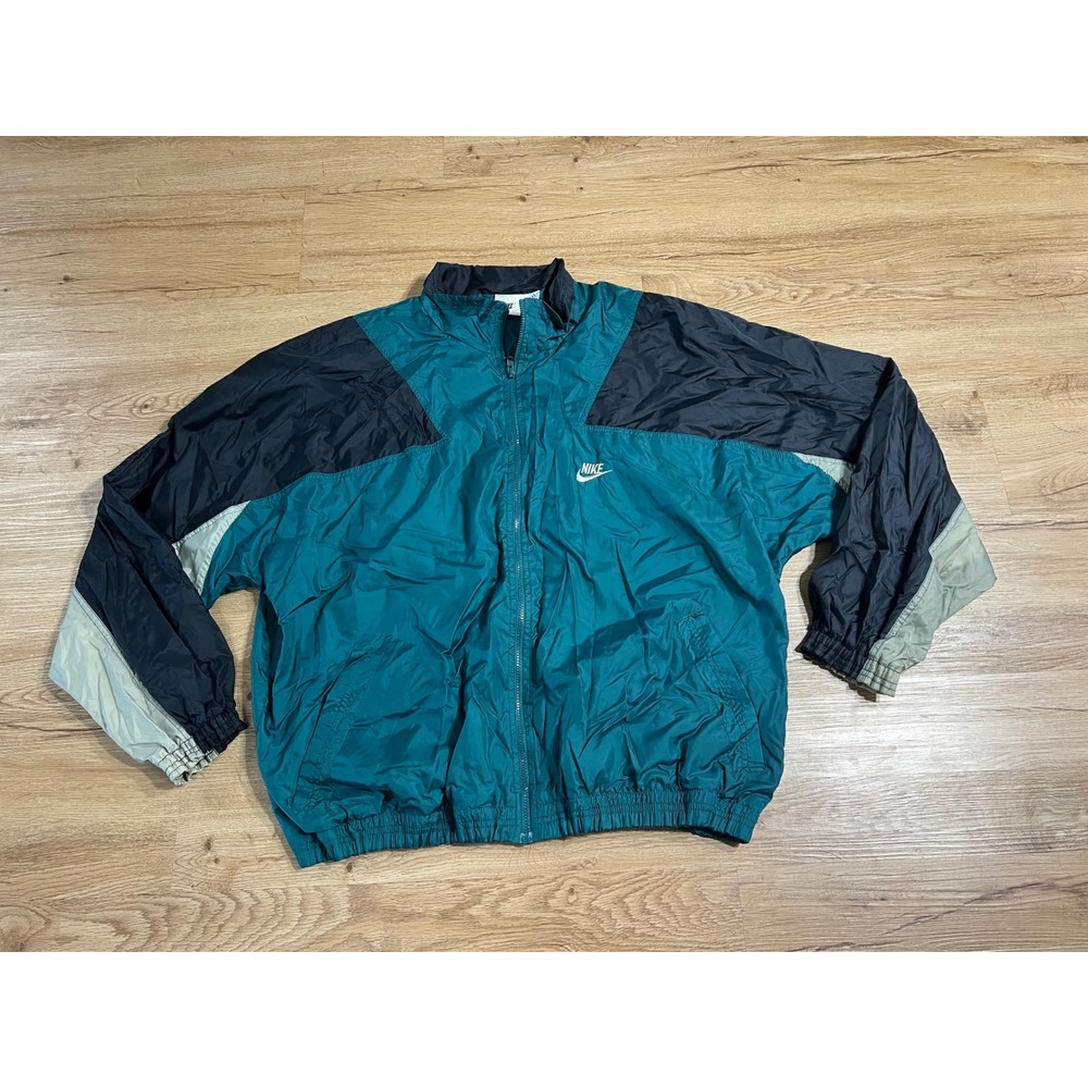 Vintage Nike Windbreaker Jacket Mens Large Teal Black Colorblock Full Zip 90s